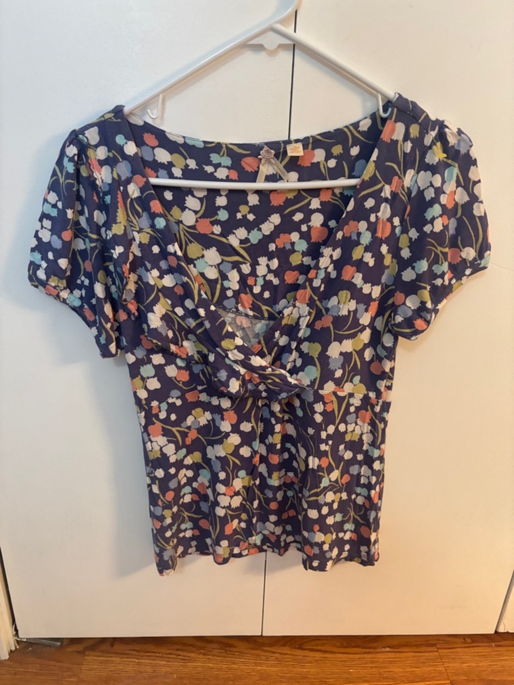 Anthropologie, Maeve Navy Floral Tie-Front Short Sleeve Top
